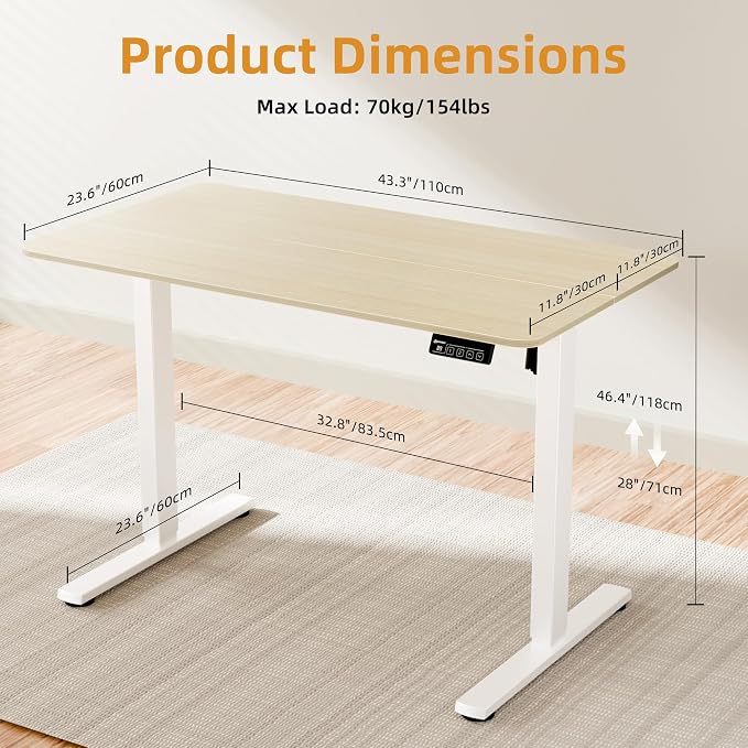 43"x24" Standing Desk, Height Adjustable Sit-Stand Home Office, Oak | Electric Adjustable Standing Desk, Sit to Stand Computer Office Desk with Splice Board, Memory Preset, Lifts 28.7''-46.5" - Image 3