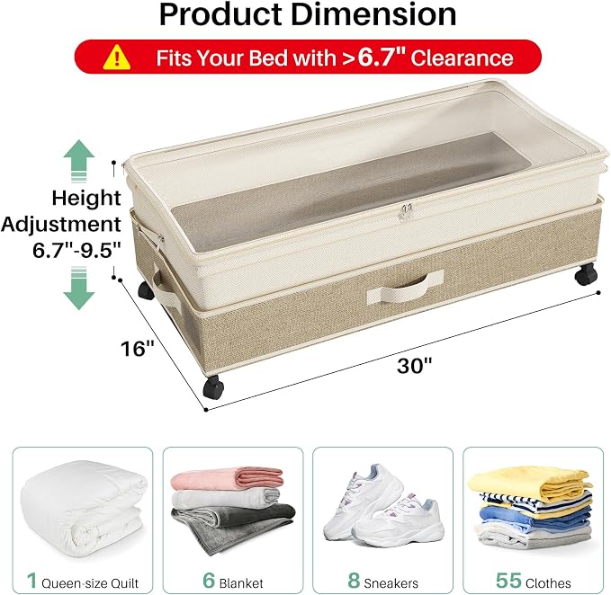 Kitstorack 2Pack Height-adjustable Under Bed Storage with Wheels, Under Bed Storage Containers,Under Bed Shoe Storage Organizer with Clear Window&Label, Suitable for Clothes Storage, Beige & Linen - Image 2