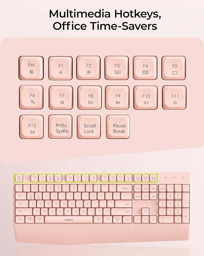 seenda Wireless Bluetooth Ergonomic Keyboard Mouse Combo, Full Size, Pink | USB/Bluetooth multi-device switching, with wrist rest, number pad, and quiet operation for PC, laptop, Mac, MacBook, and iPad - Image 9
