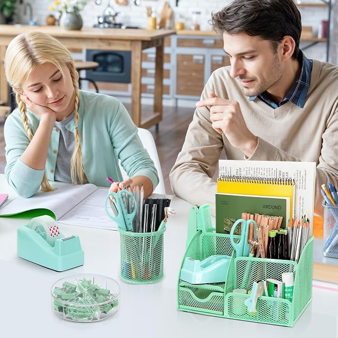 13-in-1 Office Desk Organizer Set for Back to School Supplies Accessories | Organizer Set with Stapler and Tape Dispenser, Pen Holder, Scissors, Ruler, Hole Punch, 2 Pens & More Desk Supplies - Image 8