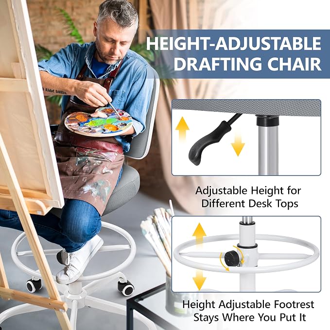 Armless Tall Desk Chair, Adjustable Height and Footring, Mid-Back Ergonomic Standing Desk Chair Mesh Rolling Tall Chair for Art Room, Office or Home (Gray) - Image 4