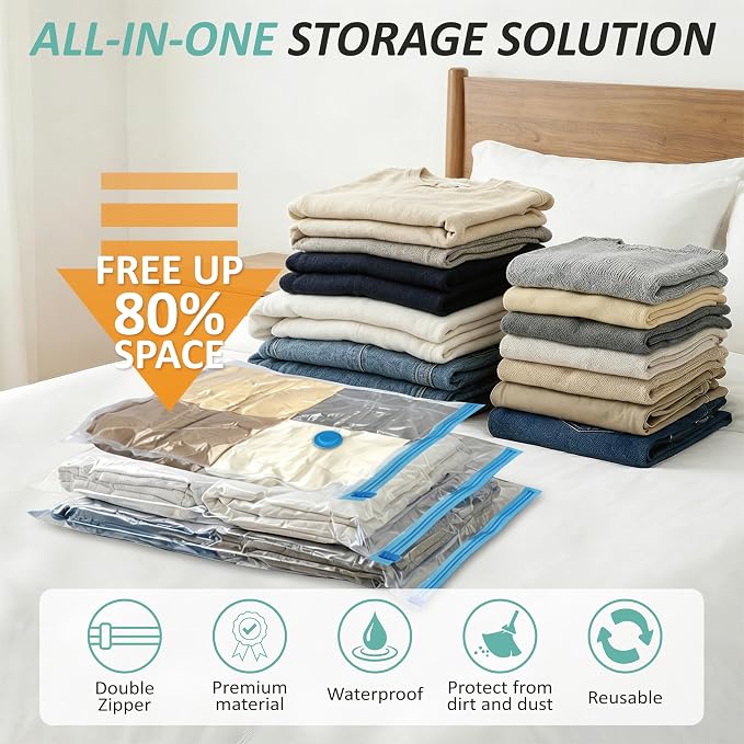 Vacuum Storage Bags with Hand Pump, Vacuum Seal Space Saver Bags,12 Medium | 80% Space-Saving Bags for Clothes, Pillows & Bedding; Double-Zip Airtight Seal; For Luggage, Home & Travel Storage - Image 2