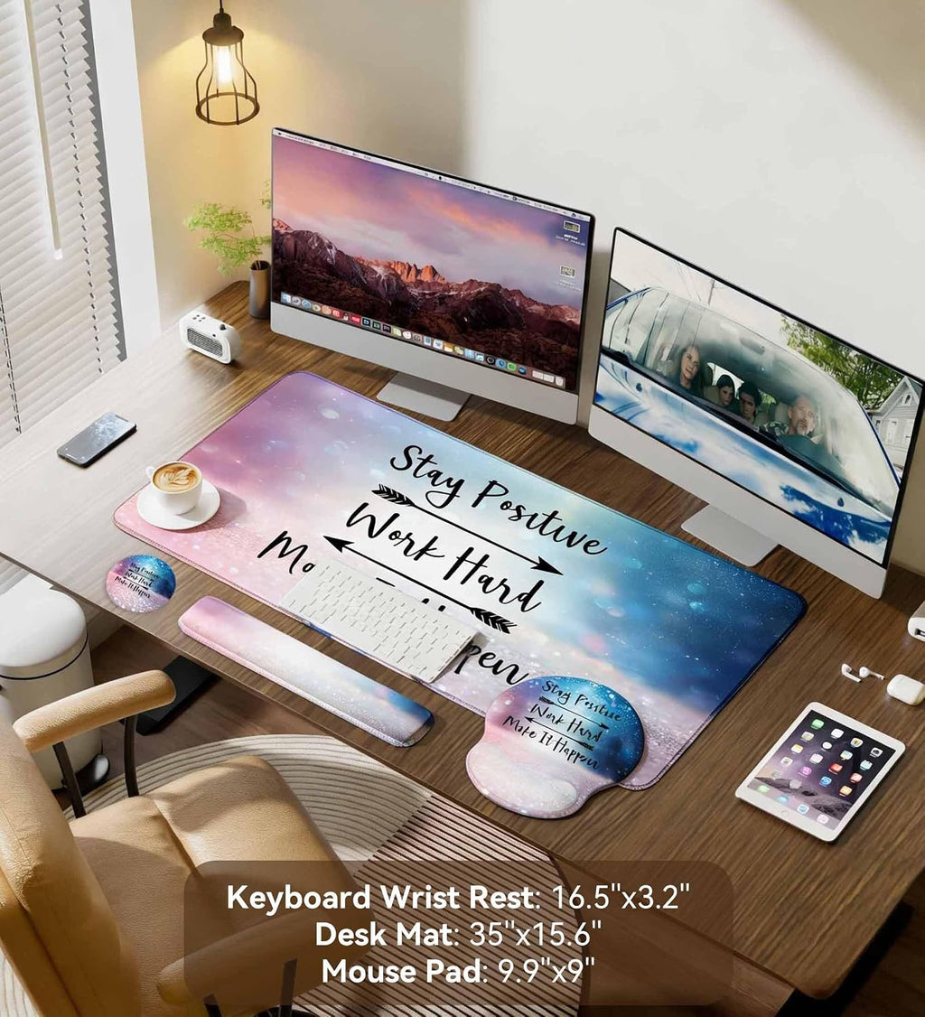 Desk Mat Set + Keyboard and Mouse Pad with Wrist Rest Support,4-in-1 Large Mousepad Computer Mats for Desktop Home & Office-Glitter Pink Blue - Image 2