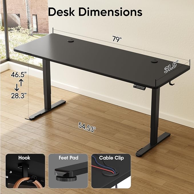 Monomi 79" Large Electric Standing Desk,Height Adjustable for Two-Person | Ergonomic Home office Computer Desk Workstation,Gaming Desk with Memory Height,Headphone Hooks,Anti-Collision,Black - Image 3