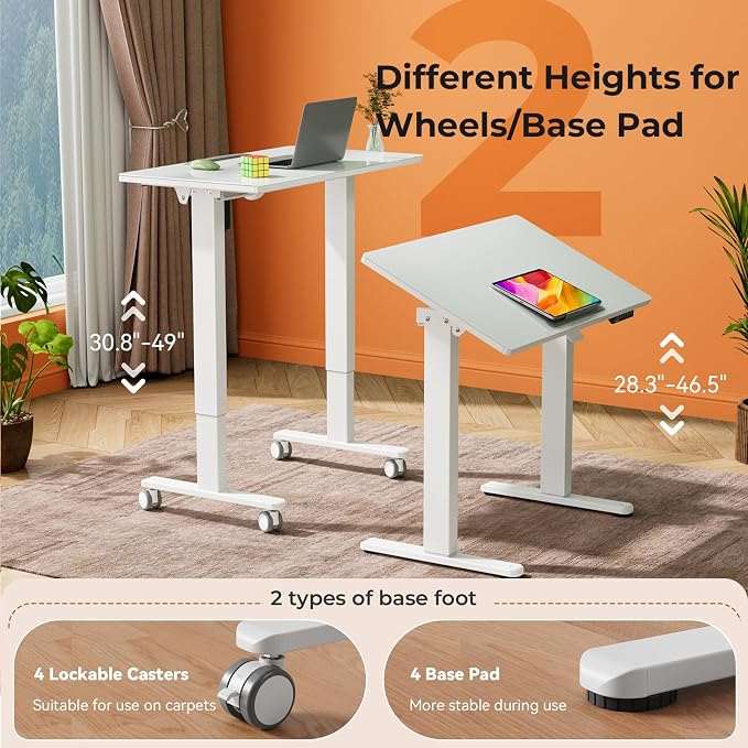 35" Glass Standing Desk, 90° Tilt Height Adjustable Drafting Table | White Foldable Whole-piece Electric Drawing Cart with 4 Lockable Wheels, Small Rolling Laptop Rising Workstation, Whiteboard - Image 3
