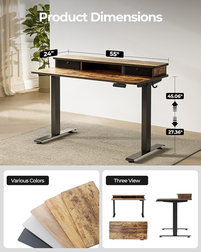 55x24 Inch Electric Standing Desk with Double Drawers, Adjustable Feet & Hooks, Ergonomic Home Office Workstation, Rustic Brown - Image 4