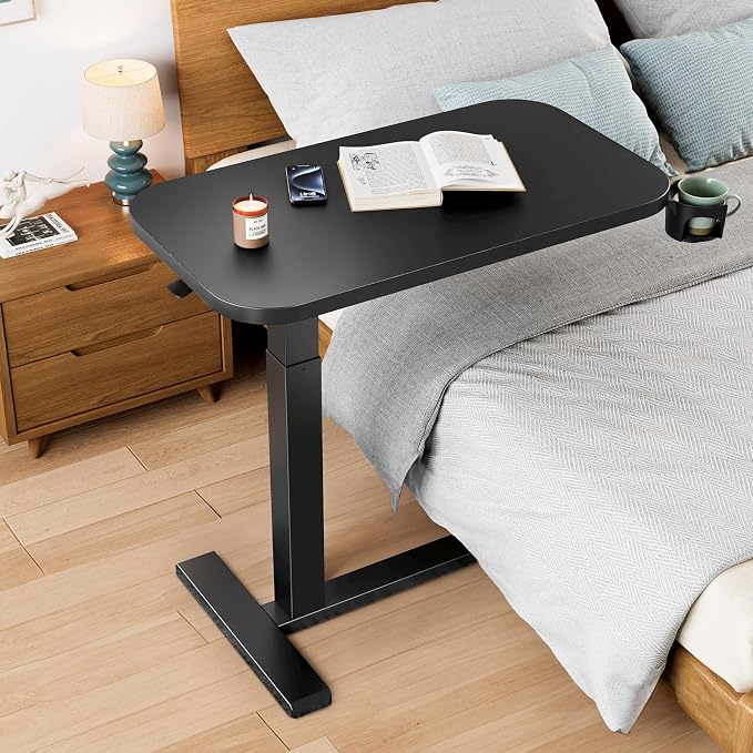 HUANUO 32Inch Bedside Table with Wheels, Height-Adjustable Rolling Computer Cart, Overbed Table with Cup Holder, Pneumatic Laptop Standing Desk for Home Office, Black - Image 2