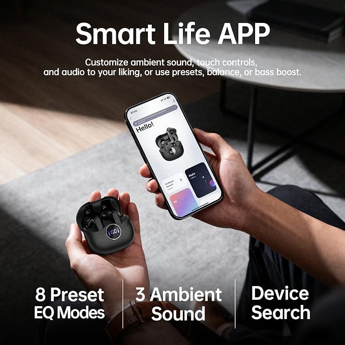 Adaptive Hybrid Active Noise Canceling 2026 Wireless Earbuds, 6 Mics ENC Clear Call Ear Buds, Hi-Res Audio Deep Bass Bluetooth 5.4 Headphones, 40H Playtime, Wireless Charging, LED, USB-C, Black - Image 8