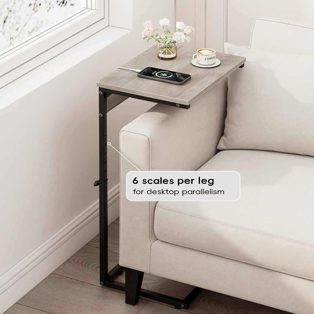 C Shaped End Tables Set of 2 with Charging Station, 33.2'' Tall C Table Adjustable Height Side Table, Small Side Table for Small Spaces, Couch Sofa Table TV Tray for Living Room, Greige - Image 6
