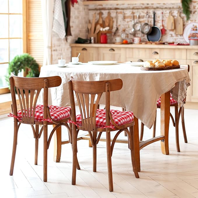 Geetery 4 Pack Chair Cushions with Ties for Kitchen, Red and White, Plaid - Image 5