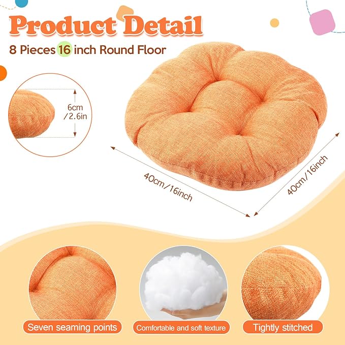 Fumete 8 Pcs Round Floor Cushions for Classroom Kids,Orange | 16 Inch Diameter, Students Flexible Seating Pillows, Home Daycare School Reading Yoga Meditation, Soft Cushioned - Image 3