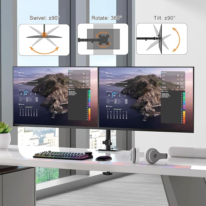 Pholiten Dual Monitor Stand for 2 Screens up to 42Inches | Adjustable Monitor Arm, Tilt, Swivel, Rotate, Supports Tilt, Swivel, Rotate, Supports 22 lbs Each - Image 4
