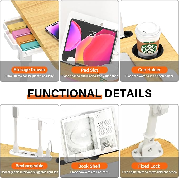 Lap Desk for Bed Adjustable Height with USB Port 23.6" x15.7" Desktop | Storage Drawer, Bookshelf, Fits 17" Laptop, For couch WFH Study, Foldable Non-Slip No Assembly Sturdy Lightweight Wood - Image 5