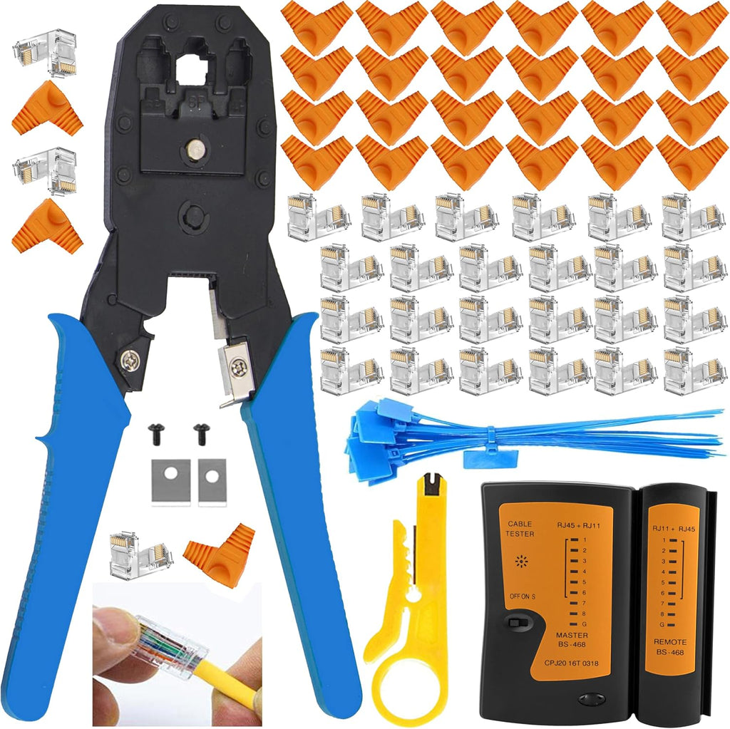 LEATBUY Crimper Ethernet Kit CAT5 CAT6 Crimping Tool RJ45 Crimp Set for RJ11 RJ12 for Pass Through with 50PC Connector 50PC Cover Ethernet Network LAN Cable Wire Stripper((ORANGE) - Image 7