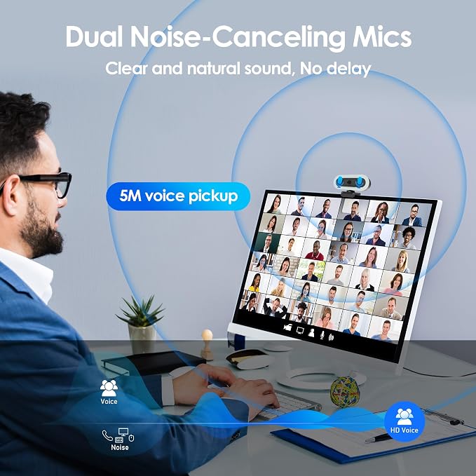saylas 2K Webcam with Lights, HD Webcam for PC, 2K@60FPS Web cam with Microphone, 65° FOV, Autofocus, Noise Cancellation, Privacy Cover, Web Camera for Computer/Laptop, USB Streaming Computer Camera - Image 6