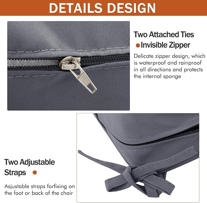 Outdoor Chair Cushions Set of 4, 18.5"x16"x3" Waterproof Seat Pads | 3 Year Color Fastness Thick Patio Chair Cushion with Ties for Garden Lawn Sofa Couch, Dark Grey - Image 7