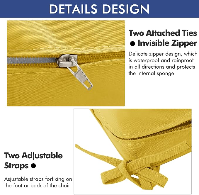 Outdoor Chair Cushions Set of 2, 22 x 22 x 3 Inch Deep Seat | Waterproof Patio Chair Cushions with Tie, Fade Resistant Cushions for Outdoor Furniture Garden Lawn, Yellow - Image 5