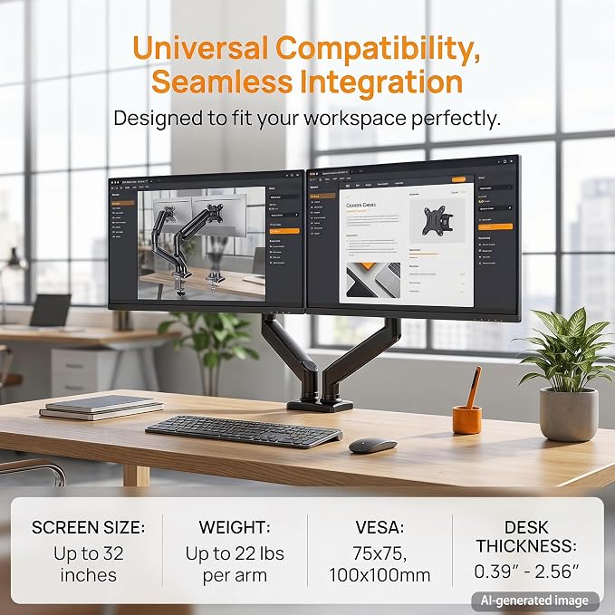 Dual Monitor Stand for 2 Screens up to 32 in, Each Arm Holds 22 lbs, Adjustable Dual Monitor Mount with Gas Spring, Tilt Swivel Rotate, VESA 75/100mm for Home & Office - Image 3
