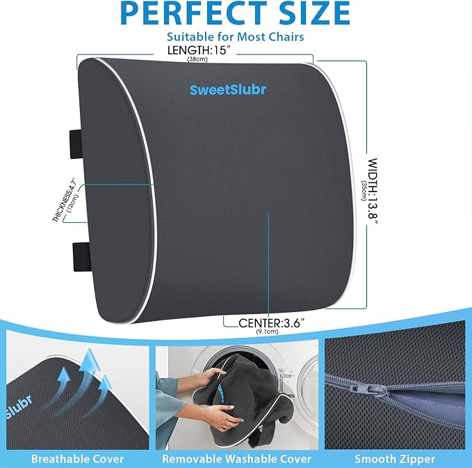 SweetSlubr Lumbar Support Pillow for Office Chair, Back Suppor(Gray,XL) | 4.7" Thick, Memory Foam, Adjustable Straps, Machine Washable Mesh Cover, Lower Back Pain Relief for Office, Car & Gaming - Image 3