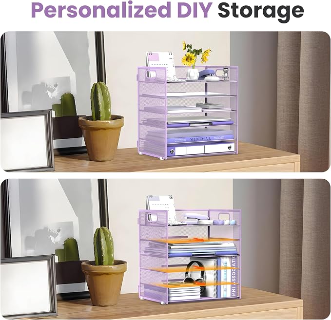 Daltack 6-Tier Paper Organizer for Desk with Handle, Purple, 2 Pack | Sturdy Metal Mesh Organizer with Movable Middle Trays and a Carry Handle for Papers, Folders and Office Supplies - Image 3