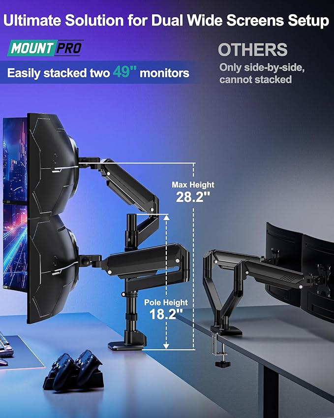 MOUNT PRO Dual Monitor Arm for Max 49" Ultrawide Screens up to 44 lbs, Heavy Duty Extra Tall Monitor Desk Mount, Vertical Stacked Adjustable Dual Monitor Mount, VESA Mount 75x75mm/100x100mm - Image 3
