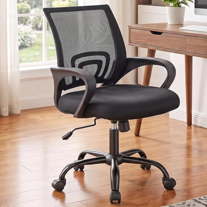 DUMOS Ergonomic Office Chair, Executive Desk Chair with Lumbar Support | Mid Back, Breathable Backrest, Fixed Armrest, Height Adjustable, 360° Swivel, Computer Gaming, Meeting, Black by DumosLifestyle