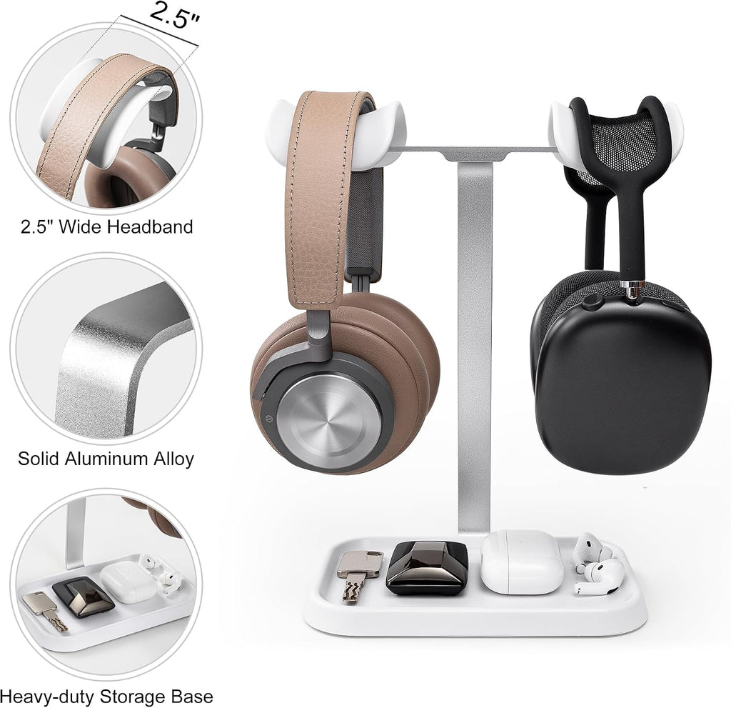 Dual Headphone Stand, Double Balanced Headset Stand with Storage Tray, Heavy Base Gaming Headset Holder for Desk (White) - Image 4