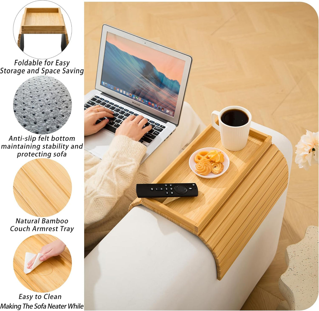 Bamboo Couch Arm Tray Table，Foldable Sofa Armrest Tray Table for Couch，Flexible and Anti-Slip Couch Arm Cup Holder，Portable Sofa Arm Chair Table for Drink,Cups, Eats，Snacks, Phone, Remote - Image 6