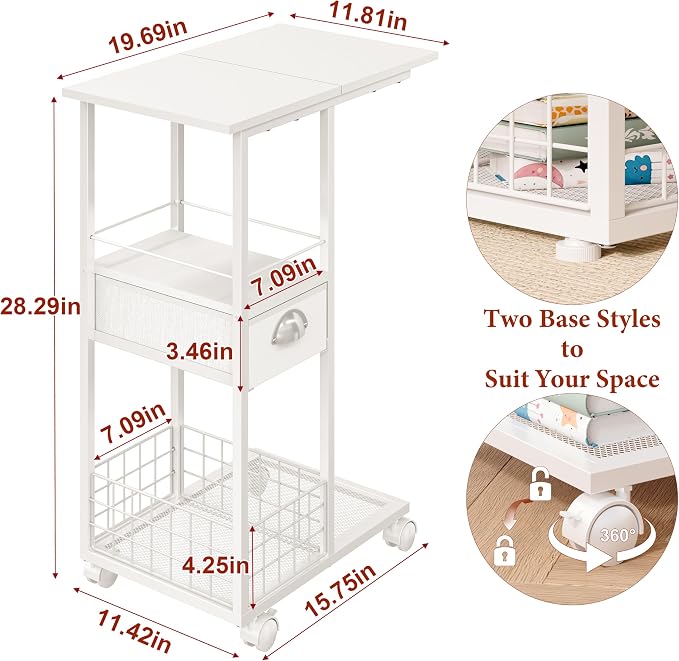 Rolling Side Table with Storage Drawer, White Bedside Table with Wheels, TV Tray for Sofa, Portable Desk on Wheels, Modern Night Stand, Overbed Table for Bedroom, C Shaped End Tables Living Room - Image 3