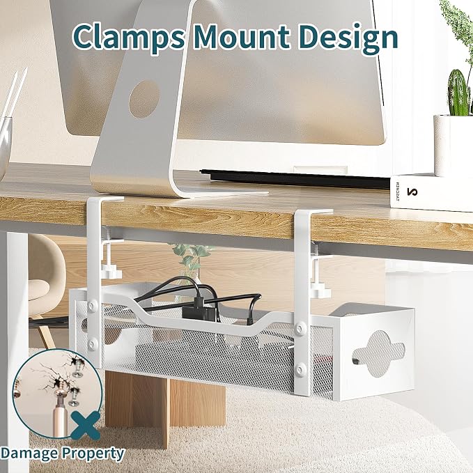 Under Desk Cable Management Tray 2 Pack, No Drill Cable Organizer With Clamp for Standing Desk, Easy to Install Cord Management System, No Damage Wire Organizer - Image 6