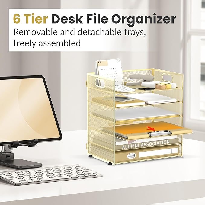 Daltack 6-Tier Paper Organizer for Desk with Handle, Gold | Sturdy Metal Mesh Organizer with Movable Middle Trays and a Carry Handle for Papers, Folders and Office Supplies - Image 5