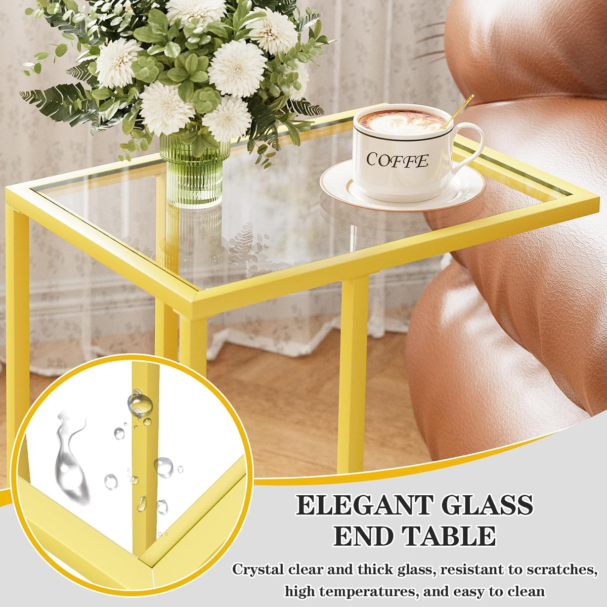 C Table Side End Table, Small C Shaped Table for Sofa,Glass Couch Sofa Tray Snack Table for Living Room, Bedroom,TV Tray Table for Small Space,Accent Coffee Table,Nightstand with Metal Frame(Yellow) - Image 5