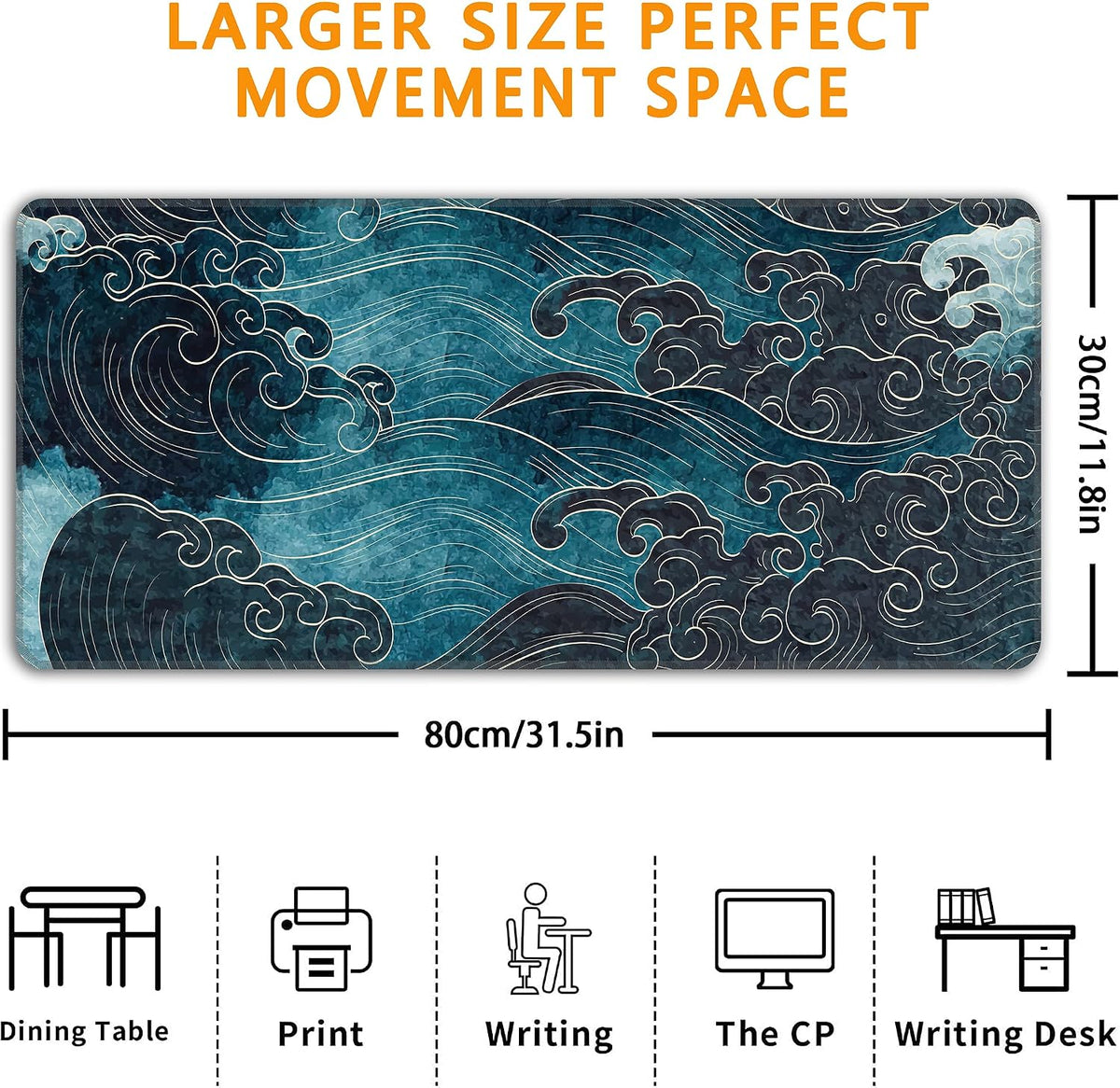Japanese Sea Waves Mouse Pad,XL 31.5"x11.8" Big Gaming Mousepad,Japanese Sea Waves Large Extended Mouse Mat,Non-Slip Rubber Base Waterproof with Stitched Edges for Gaming Office Home - Image 3