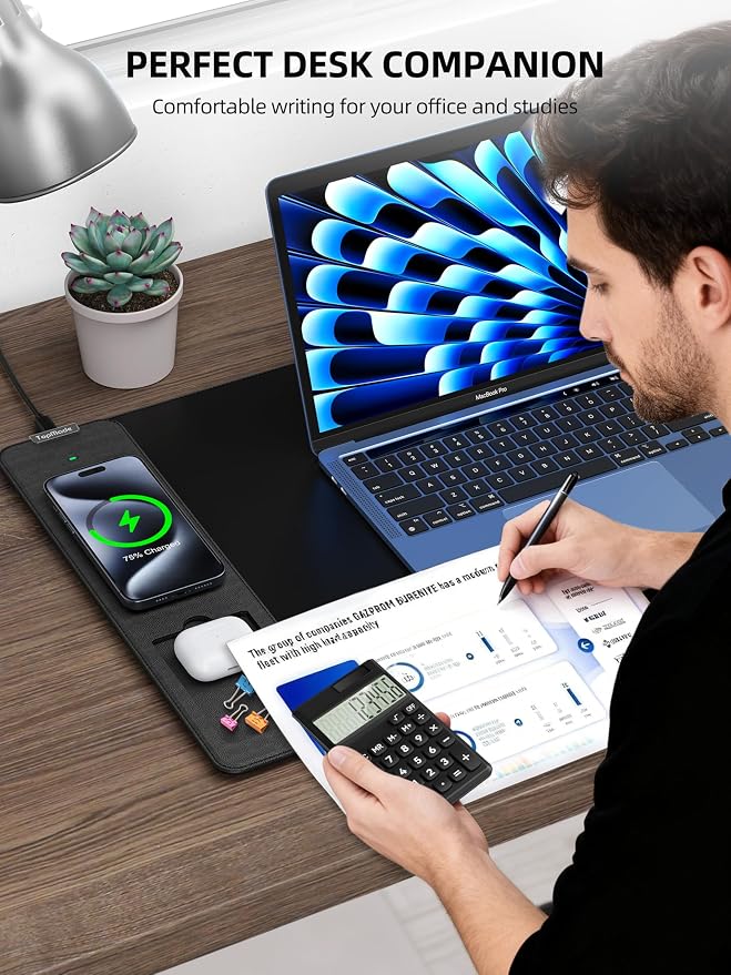 TopMade Mouse Pad with 15W Wireless Charging, Removable 8-Digit Solar Calculator, 31.5" x 15.75" XXL Large Desk Pad, Gaming Computer Keyboard Pad, Waterproof Mousepad Home Office Desk Mat, Black - Image 5