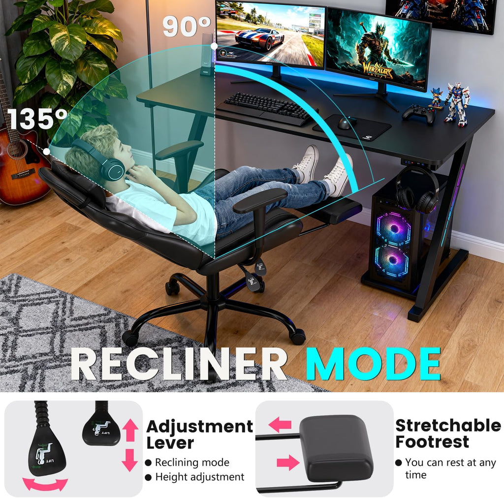 BestOffice | Ergonomic Gaming Chair | Dark Black | Reclining Computer Chair with Lumbar Support, Headrest Pillow, Adjustable Footrests | 360 Swivel with Heavy Duty Wheels | for Home & Office - Image 4