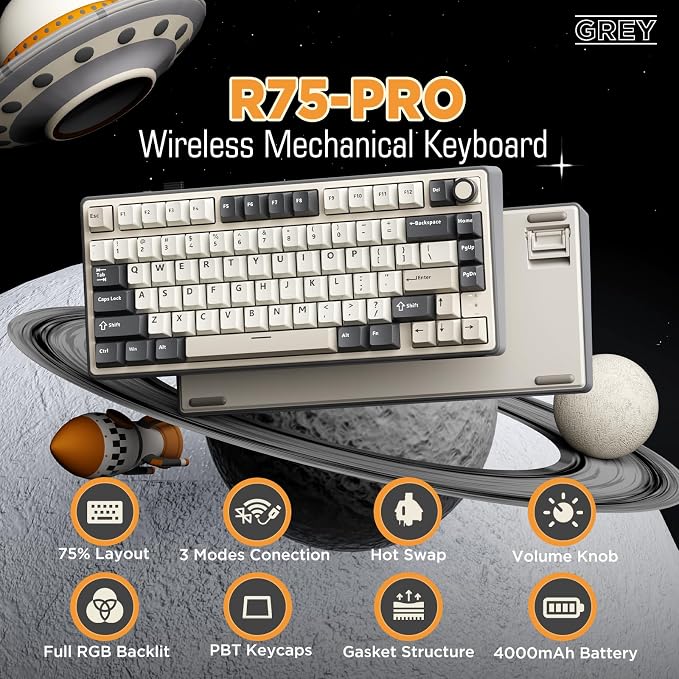 RK ROYAL KLUDGE R75 Wireless Mechanical Keyboard, 75% Percent Custom Gaming Keyboard Gasket Mount RGB Backlit with Knob & PBT Keycaps, BT5.1/2.4GHz/USB-C, Hot Swappable Cream Switch, White - Image 2