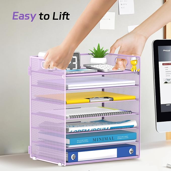 7 Tier Paper Organizer for Desk with Mesh Letter Trays and Handle Purple | Purple Desk File Organizer with Handle for Sorting Papers, Files, Folders, Mail, Bills and Office Supplies - Image 6
