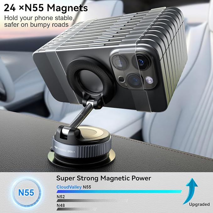 CloudValley Magnetic Car Phone Mount, Compatible with MagSafe | 360° Adjustable Foldable Holder for Dashboard, 80LBS Suction & 2800gf Magnet, Car Accessories for iPhone 17 16 15 14, Black - Image 4