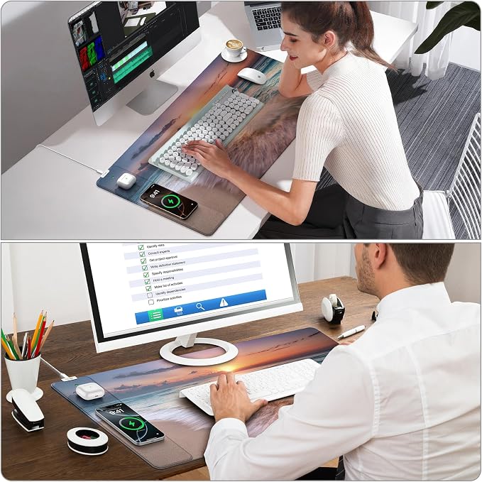 Mouse Pad with Magnetic Wireless Charging, 31.5"x15.8" in, Beach Sunset | Gaming Desk Mat for Keyboard/Laptop, Waterproof Easy Gliding Surface, Non-Slip Base, Durable Stitched Edge - Image 4