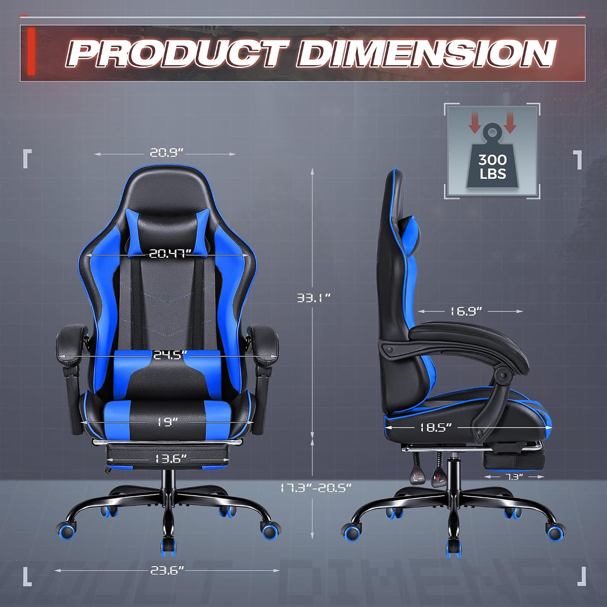 Furmax Gaming Chair, Video Game Chair with Footrest and Massage Lumbar Support, Swivel Seat Height Adjustable Computer Chair with Headrest, Racing E-Sport Gamer Chair (Blue) - Image 3
