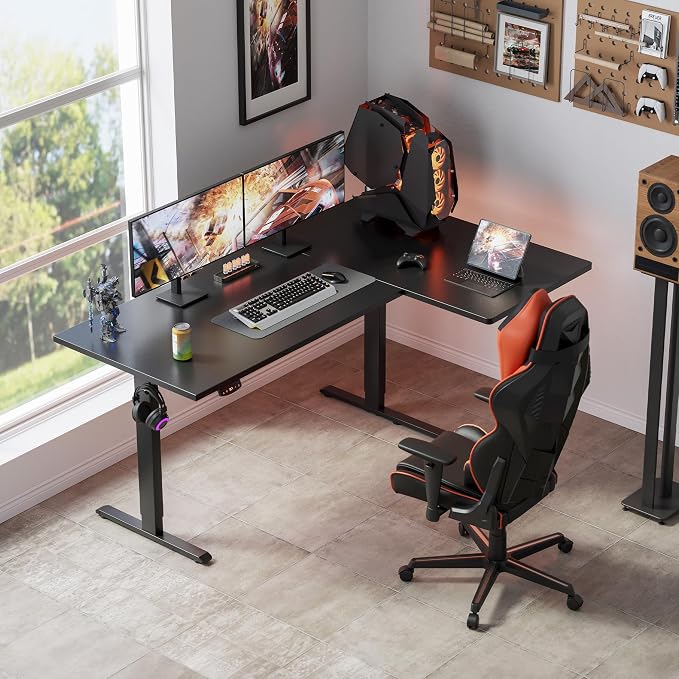 Klicelor L Shaped Standing Desk, 55 Inch Electric Height Adjustable Desk with Memory Preset, Reversible Sit Stand Up Computer Workstation for Home Office, Splice Board, Black - Image 2