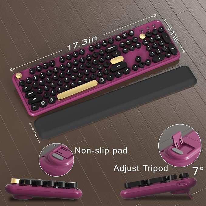 Colorful MPTOG Wireless Computer Keyboard and Mouse Combo (Black-Claret) | Retro Round Typewriter Keycaps, Power Switch, Ergonomic Design, 2.4GHz Wireless for Windows, Mac, PC - Image 6