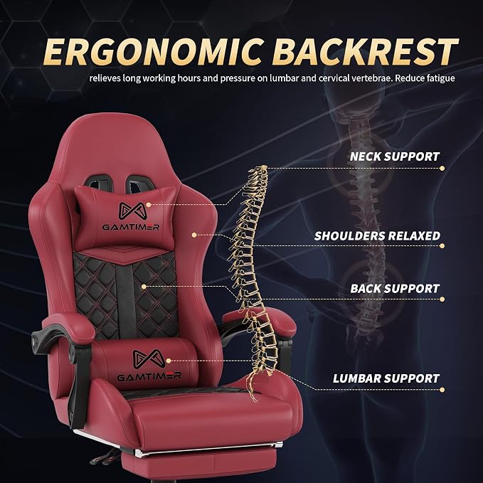 Gaming Chair,Computer Chair with Footrest and Lumbar Support,Breathable PU Leather,4D Lumbar Support and Headrest,360 Degree Swivel Chair with Adjustable Ergonomic Backrest for Adults(RED) | Ergonomic Backrest Office Chair,Leather, with Headrest and Lu... - Image 7