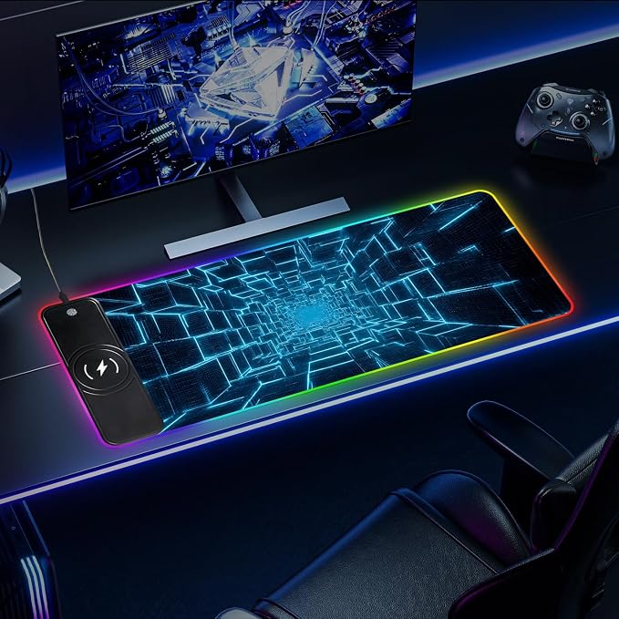 Wireless Charging RGB Gaming Mouse Pad, 31.5 x 11.8 Inch Extended Mouse Mat with Cyber Tunnel Design, LED Desk Pad with 7 Lighting Modes, Non-Slip Base for Gaming & Office - Image 8