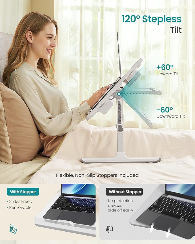 SONGMICS Bed Laptop Desk, Foldable Bed Desk for Laptop, 15.7 x 22 Inches Large Desktop, 120° Stepless Tilt, Adjustable Height, Cup Holder, Tray, Portable Sofa Table, White ULLD113WB01 - Image 4