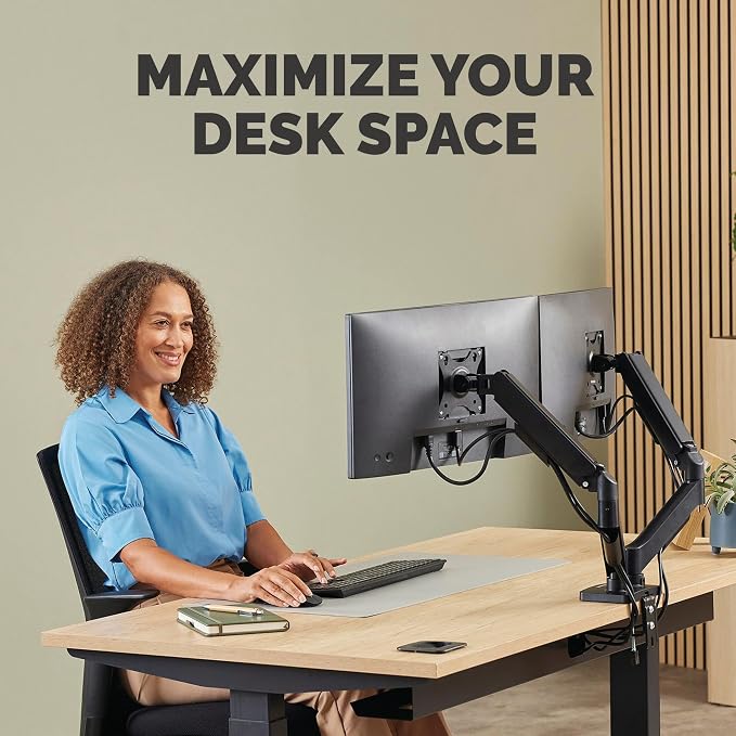 Fellowes Everyday Plus Dual Gas Spring Monitor Arm Holds Two Screens up to 32" Weighing 4.4-19.84 lbs ea, Height Adjusting, Tilt, Swivel, Rotate, VESA 75/100, Clamp or Grommet Mount, Cable Management - Image 8