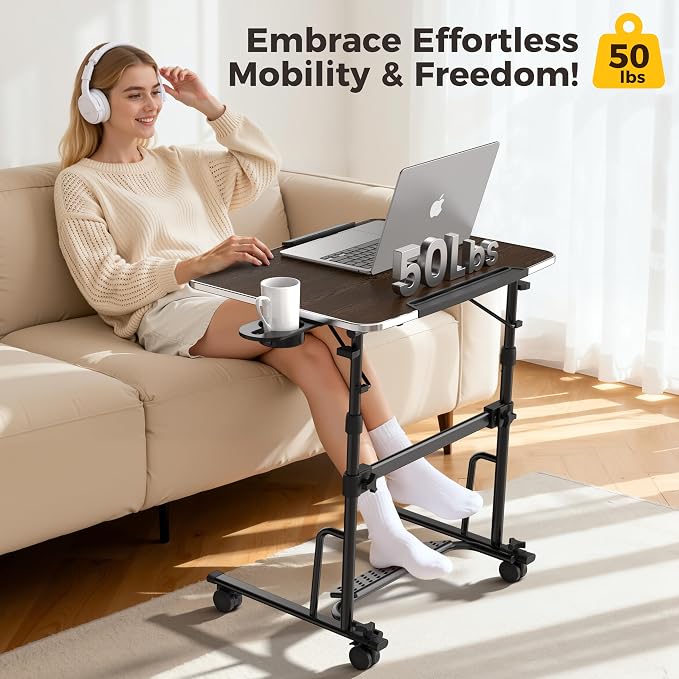 Foldable Standing & Rolling Desk, Upgraded Portable Desk on Wheels | Adjustable Height & Angle, Sturdy Mobile Table Workstation for Laptop with Footrest, Cup Holder, Edge Stopper & iPad Holder - Image 7