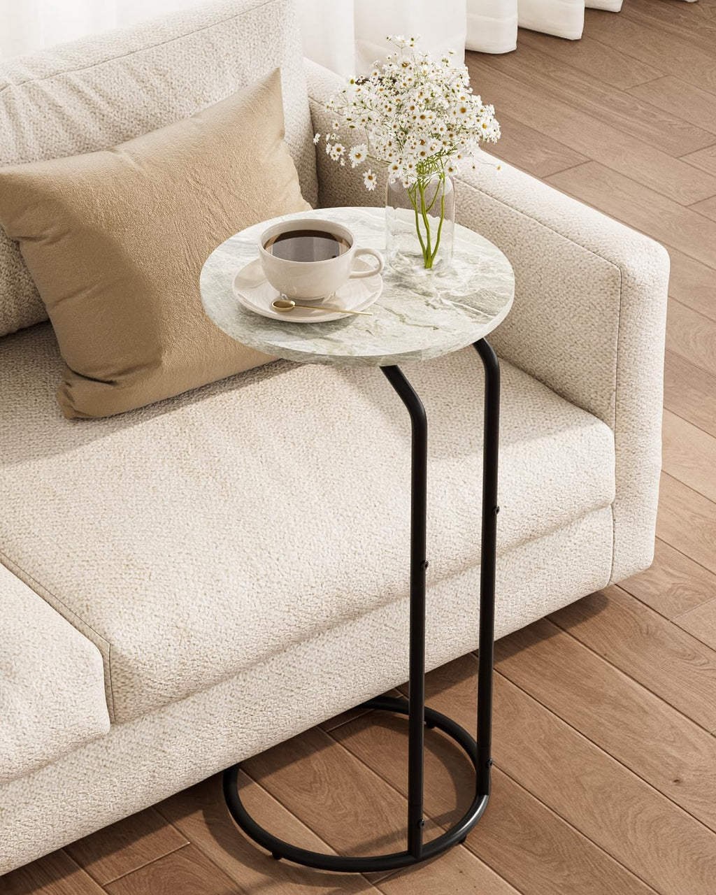 C-Shaped End Table, Small Side Table for Couch, Marble and Black by AEPOALUA