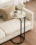 C-Shaped End Table, Small Side Table for Couch, Marble and Black by AEPOALUA