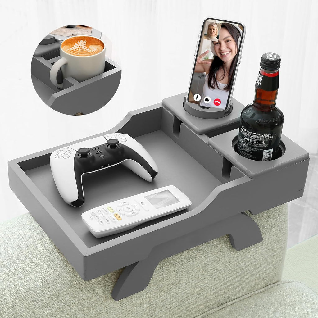 Couch Cup Holder, 4-in-1 Side Couch Arm Tray with Phone Holder, Sofa Clip on Side Table for Wide Couches Arm, Suitable for Home Drinks/Remote/Snacks-Grey by GHKINMAL